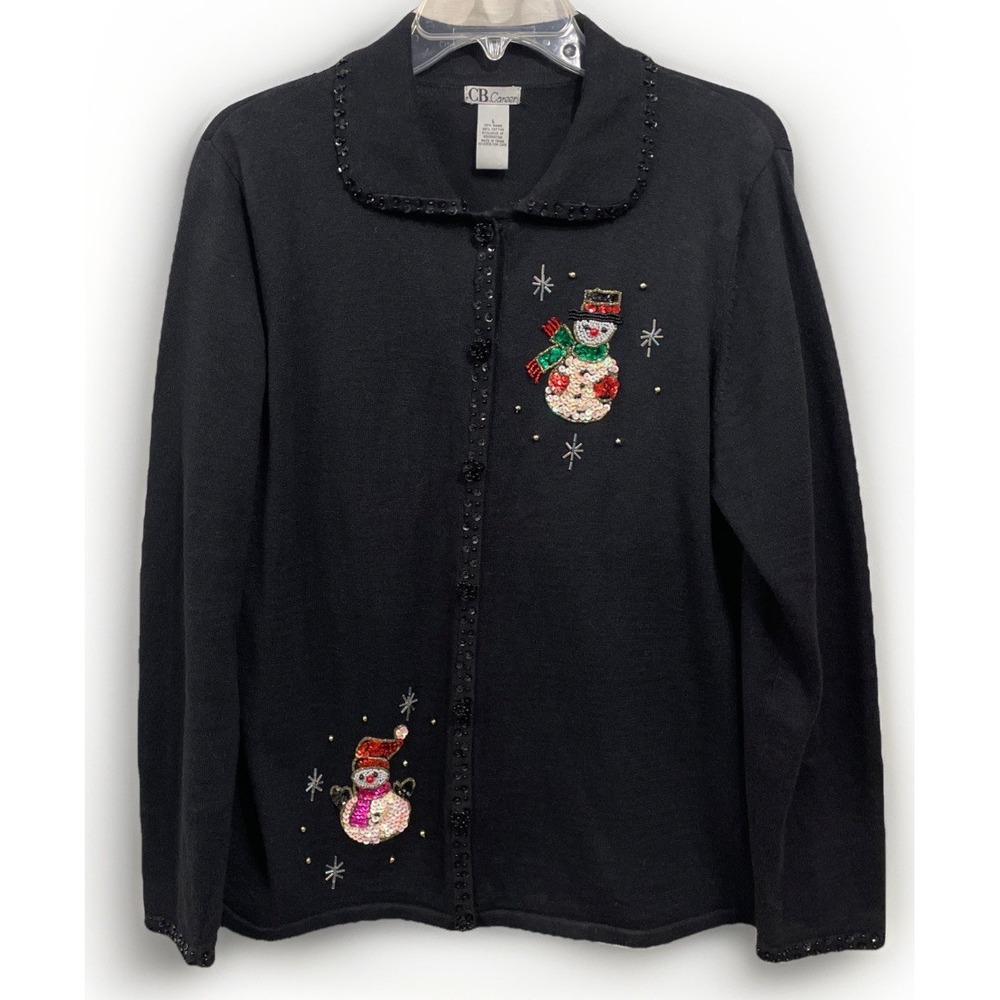 C B Career Vintage Black Long Sleeve Snowman Christmas‎ Cardigan Women's Large